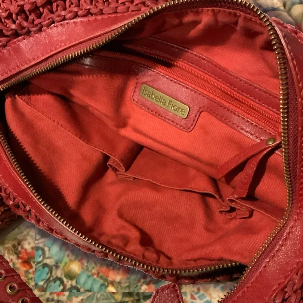 Red Leather Isabella Fiore Woven Mesh Shoulder Hobo Bag Large Boho